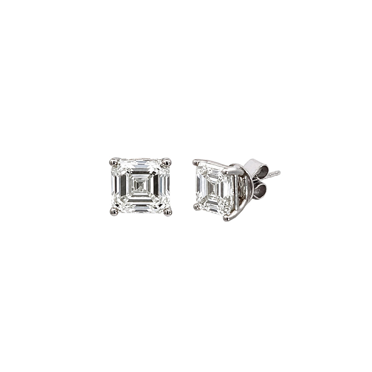 18K White Gold Square Emerald Cut Lab Grown Diamond Stud Earrings with Curved prong Basket style setting