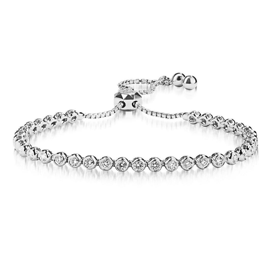 Image: Bezel Set Diamond Adjustable Tennis Bracelet in 18K white gold, adorned with 37 pieces of 1.596-carat diamonds. Clarity grading VVS-SI, colors G to H.