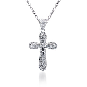 image: The Baguette Diamond Cross Pendant is crafted with 18K white gold and features 38 pieces of 0.6-carat baguette diamonds and 137 pieces of 1.88-carat diamonds Faith Jewelry