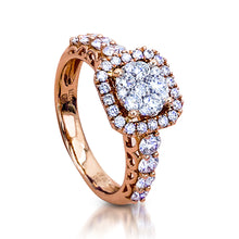 Load image into Gallery viewer, image: The Cushion-shaped Illusion Setting Halo Ring is crafted with 14K rose gold and features 39 pieces of 0.98-carat diamonds available at My Diamond Philippines
