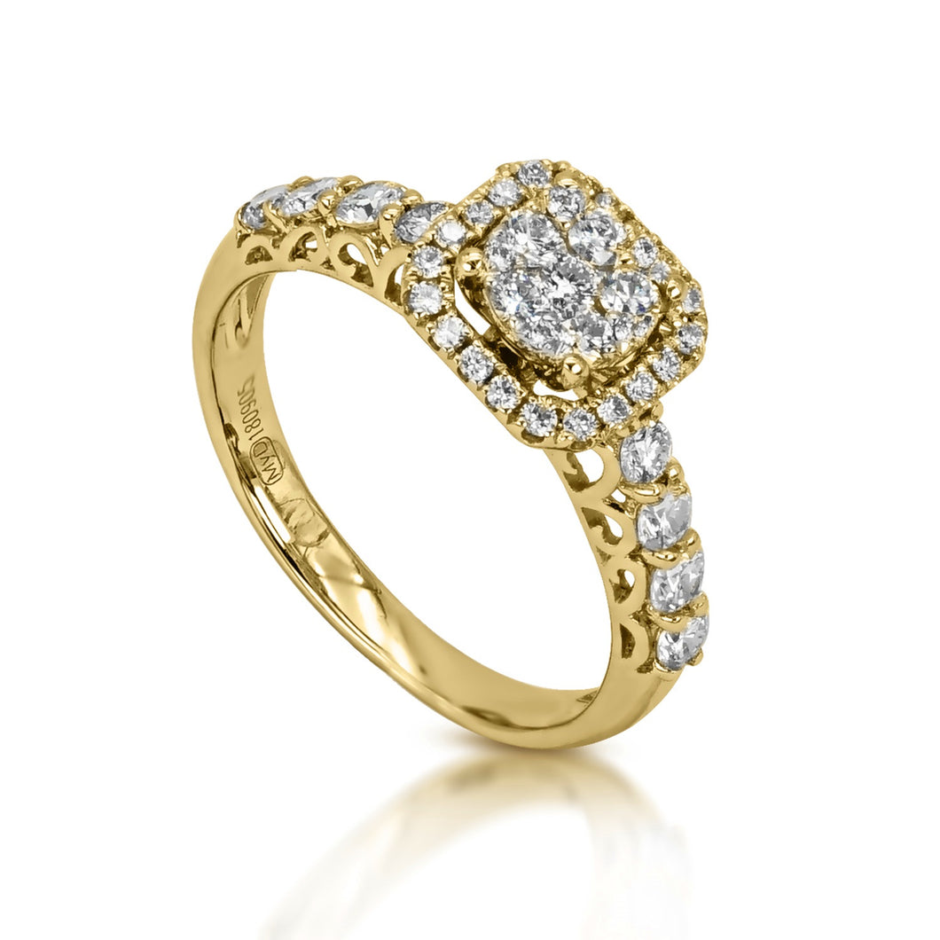 image: The My Diamond Philippines Cushion-Shaped Illusion Setting Halo Ring is crafted with 14K yellow gold and features 39 pieces of 0.97-carat diamonds with a clarity grading of VS-SI1 and a combination of colors F to G.