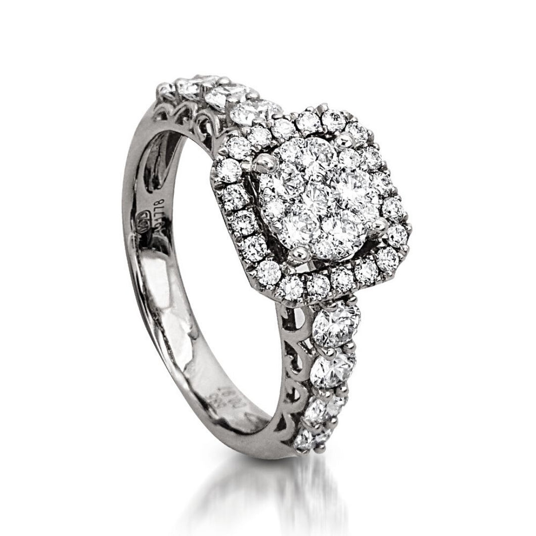 image: The My Diamond Philippines Cushion-shaped Illusion Setting Halo Ring is crafted with 14K white gold and features 39 pieces of 0.96-carat diamonds 