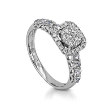 Load image into Gallery viewer, image: The My Diamond Philippines Cushion-shaped Illusion Setting Halo Ring is crafted with 14K white gold and features 39 pieces of 0.96-carat diamonds paired with earrings
