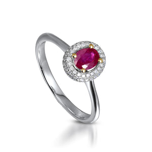 My Diamond Philippines Jewelry stores The Oval-shaped Ruby and Diamond Halo Style ring is crafted in&nbsp;14K white gold and a yellow gold prong featuring&nbsp;1 piece of 0.46-carat ruby and 72 pieces of .16 carat diamonds in total carat weight with clarity grading VS-SI1 and combination of colors G-H.