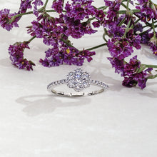 Load image into Gallery viewer, My Diamond Philippines flower shaped ring white gold with natural diamonds for birthday gifts for women and graduation gift with my diamond phiippines white background and flowers

