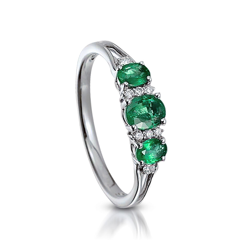 My_Diamond_Philippines_Three-Stone_Emerald_And_Diamond_Ring The Three-Stone Emerald And Diamond Ring is crafted in 14K white gold featuring 3 pieces of 0.7-carat emerald stones and 8 pieces of 0.07-carat diamonds