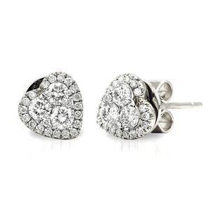 The Heart-Shaped Illusion Stud Earrings are crafted with 14K white gold that features 6 pieces of 0.85-carat diamonds surrounded with 50 pieces of .26-total carats with a clarity grading of VS-SI1 s and in the colors F to G.