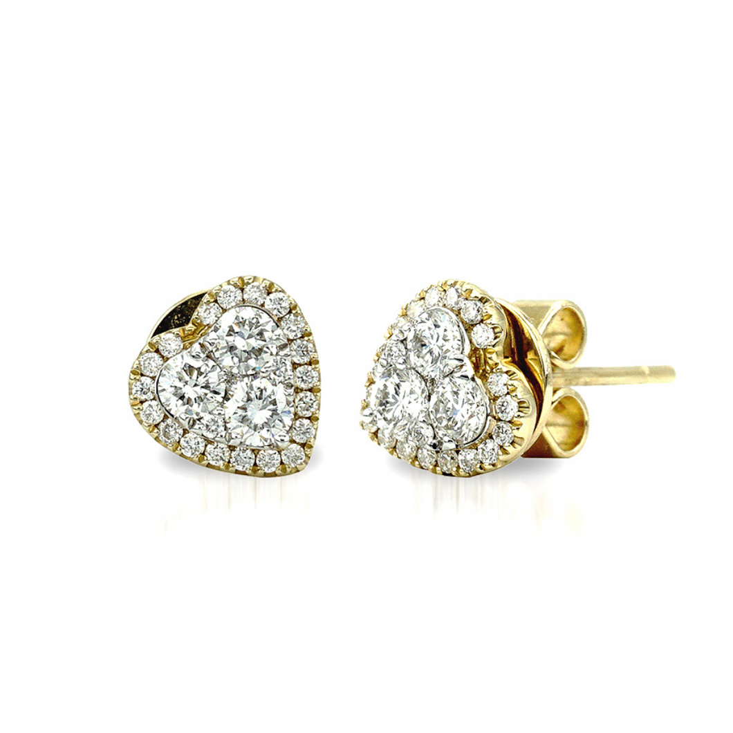 The Heart-Shaped Illusion Stud Earrings are crafted with 14K yellow gold that features 50 pieces of 0.56-carat diamonds in total weight with a clarity grading of VS-SI1 s and in the colors F to G. Inclusive of My Diamond Jewelry Box and Jewelry Certificate The image shown may vary from actual product due to photo enhancement. 