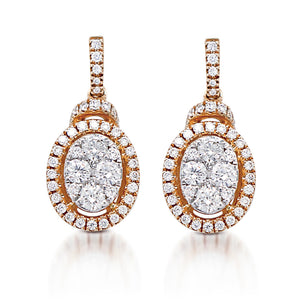 The Oval-Shaped Halo Drop Earrings are crafted with 14K&nbsp;rose gold and feature 96 pieces of 0.79-carat diamonds in total weight with a clarity grading of VS-SI1 and a combination of colors F to G.  Inclusive of My Diamond Jewelry Box and Jewelry Certificate