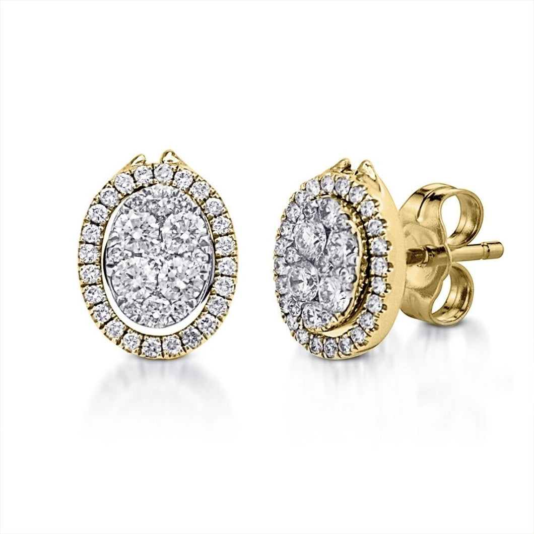 The Oval-Shaped Halo Stud Earrings are crafted with 14K yellow gold and feature 78 pieces of 0.946-carat diamonds in total weight with a clarity grading of VS-SI1 and a combination of colors F to G. Inclusive of My Diamond Jewelry Box and Jewelry Certificate 