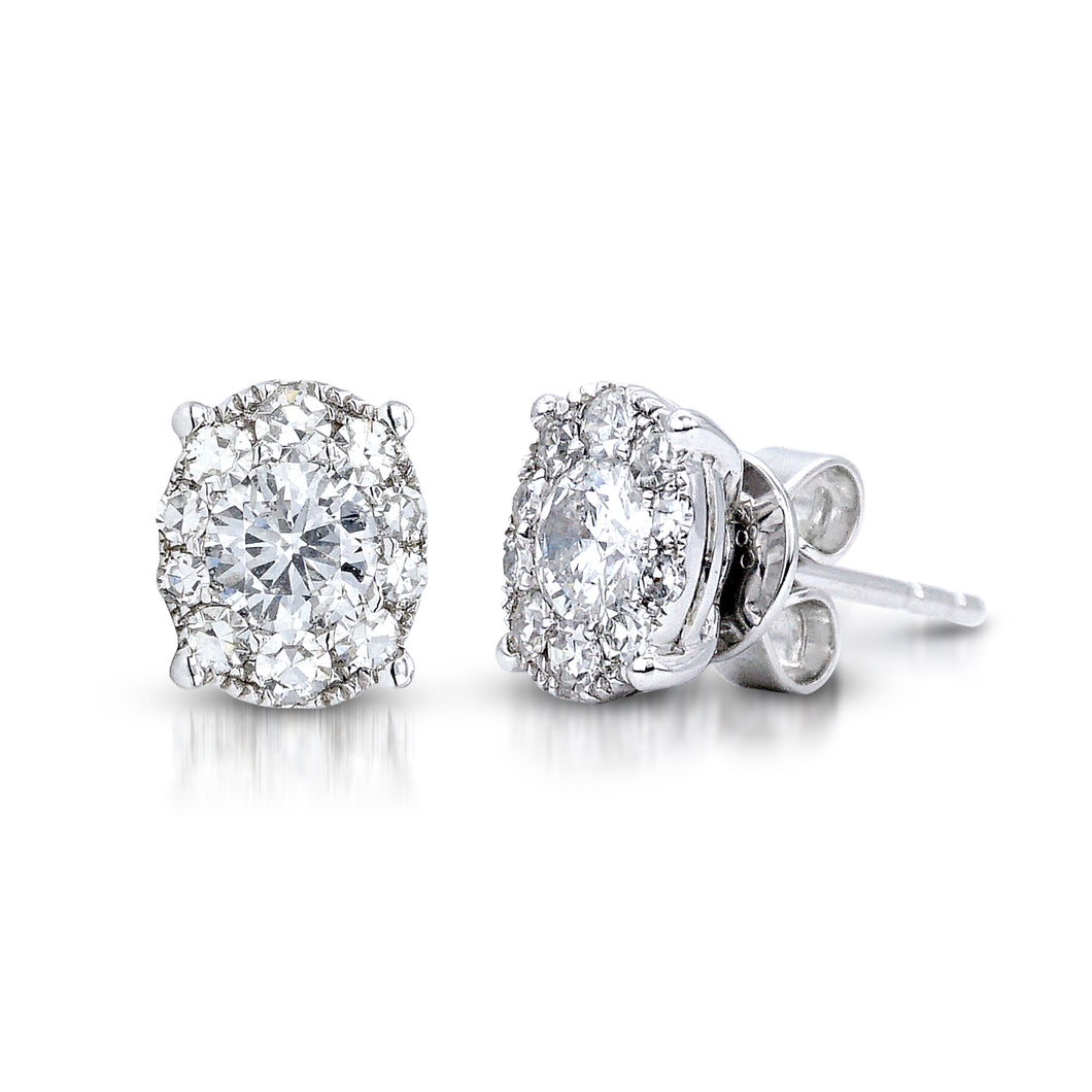 The Oval-Shaped Illusion Stud Earrings are crafted with 18K white gold that features 2 pieces of 0.37-carat diamonds in total weight surrounded with 54 pieces of .65-carats in total with a clarity grading of VS1-2 and in the color G to H. Inclusive of My Diamond Jewelry Box and Jewelry Certificate