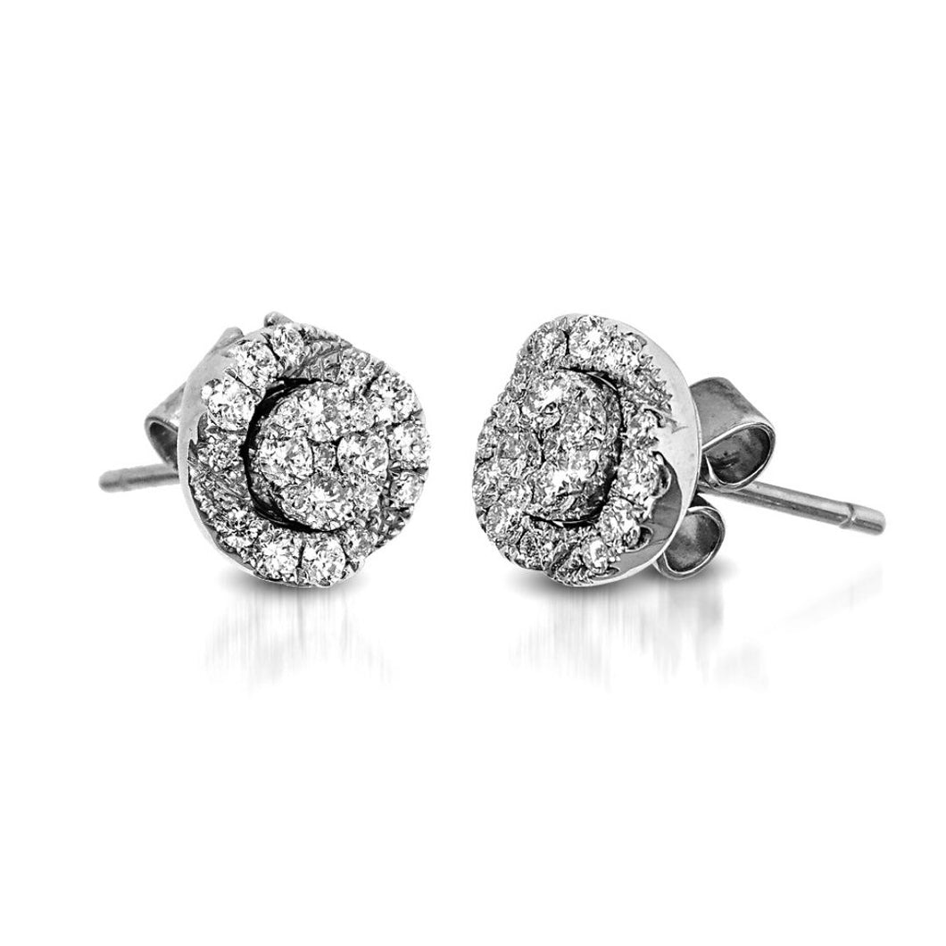 The Round-Shaped Halo 3-Way Stud Earrings are crafted with 14K white gold and feature 42 pieces of 0.53-carat diamonds in total weight with a clarity grading of VS-SI1 and a combination of colors F to G.  Inclusive of My Diamond Jewelry Box and Jewelry Certificate. Bride Accessories