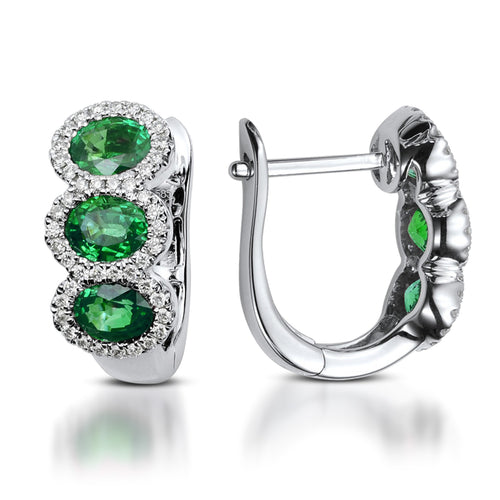 The Three-stone Emerald with Diamond Halo Clip Earrings is crafted with 14K white gold featuring 6 pieces of 1.30-carat emerald stones and 88 pieces of 0.20-carat diamonds with a clarity grading VS-SI1 in the combination of colors G and H.  Inclusive of My Diamond Jewelry Box and Jewelry Certificate