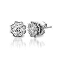 Load image into Gallery viewer, The Flower Shaped Diamond Earrings are crafted in 14K white gold with 2 pieces of 0.28-carat diamonds and 16 pieces of 0.40-carat diamonds in total carat weight. Clarity is VS-SI and Color is G to H. Inclusive of My Diamond Jewelry Box and Jewelry Certificate
