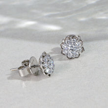 Load image into Gallery viewer, The Flower Shaped Diamond Earrings are crafted in 14K white gold with 2 pieces of 0.28-carat diamonds and 16 pieces of 0.40-carat diamonds in total carat weight. Clarity is VS-SI and Color is G to H. Inclusive of My Diamond Jewelry Box and Jewelry Certificate
