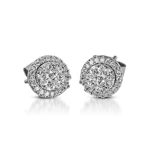 The Illusion Diamond Halo Stud Earrings are crafted with 14K white gold that features 58 pieces of 0.41-carat diamonds in total weight with a clarity grading of VS-SI1 and a combination of colors F to G.