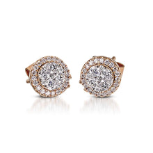 Load image into Gallery viewer, The Illusion Diamond Halo Stud Earrings are crafted with 14K rose gold that features 58 pieces of 0.41-carat diamonds in total weight with a clarity grading of VS-SI1 and a combination of colors F to G. Inclusive of My Diamond Jewelry Box and Jewelry Certificate 
