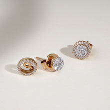 Load image into Gallery viewer, The Illusion Diamond Halo Stud Earrings are crafted with 14K rose gold that features 58 pieces of 0.41-carat diamonds in total weight with a clarity grading of VS-SI1 and a combination of colors F to G. Inclusive of My Diamond Jewelry Box and Jewelry Certificate 
