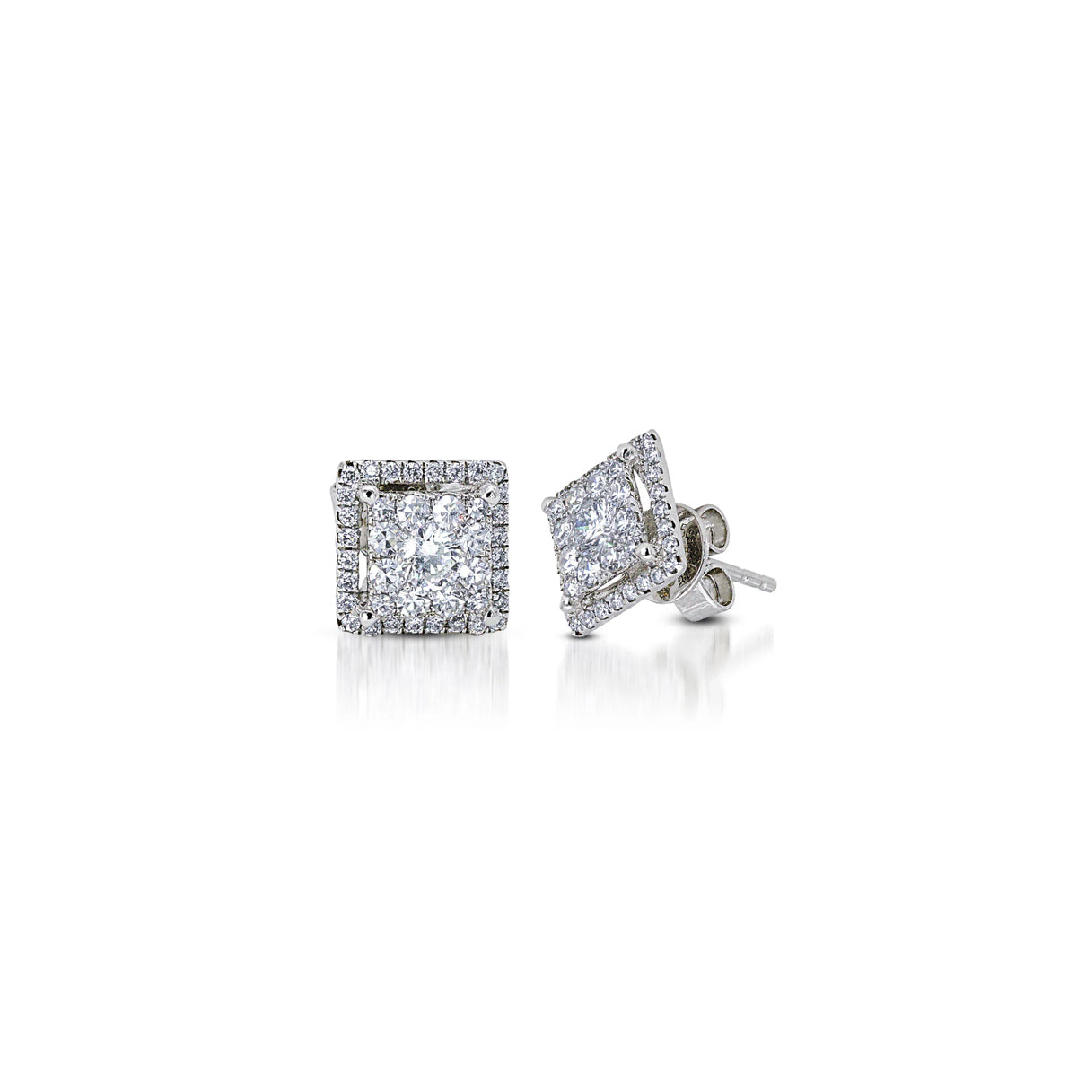 14K White Gold Square-Shaped Diamond Cluster and Halo Stud Earrings