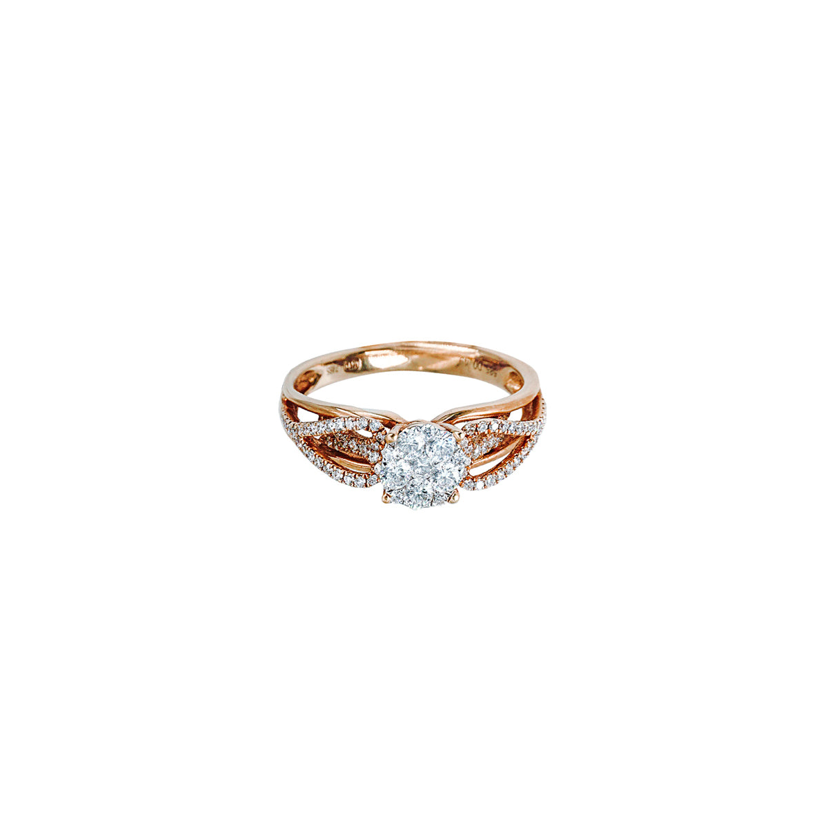 14K Rose Gold Illusion Ring with Split Shank and 81 Diamonds