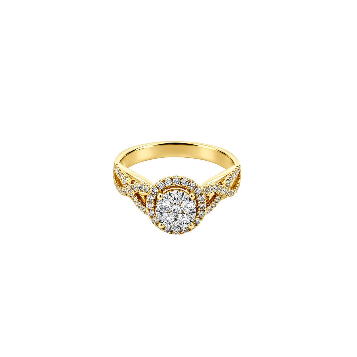 14K Yellow Gold Halo Twist Illusion Ring with 71 Diamonds