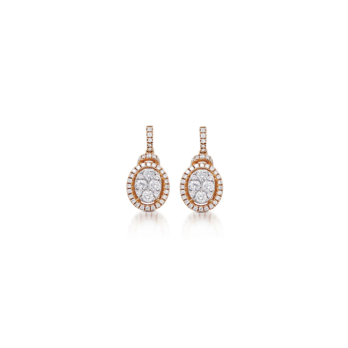14K Rose Gold Oval Halo Drop Earrings with 96 Diamonds