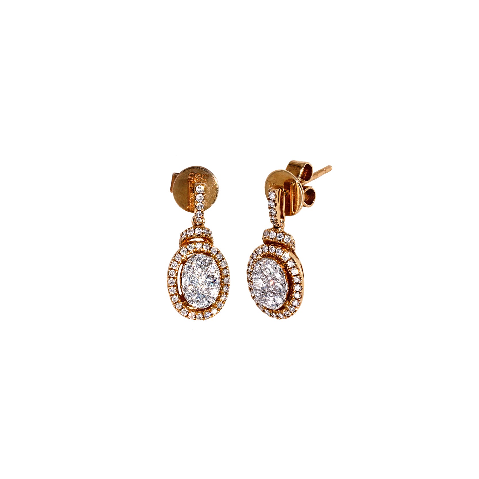 14K Rose Gold Oval Halo Drop Earrings with 96 Diamonds