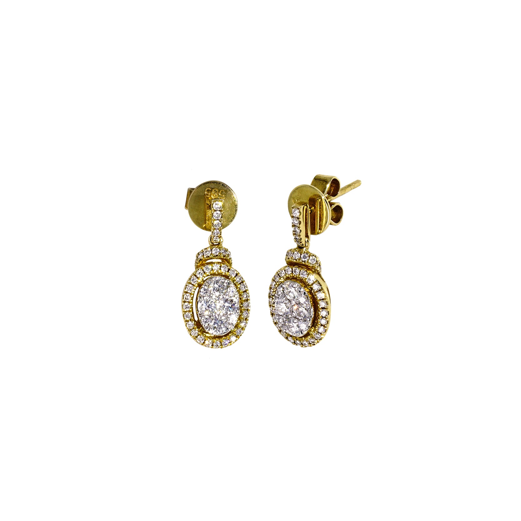 14K Yellow Gold Oval Halo Drop Earrings with 96 Diamonds