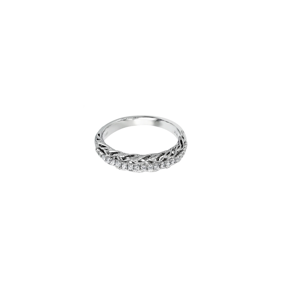 14K White Gold Half Eternity Vintage Style Ring with Milgrain Detailing