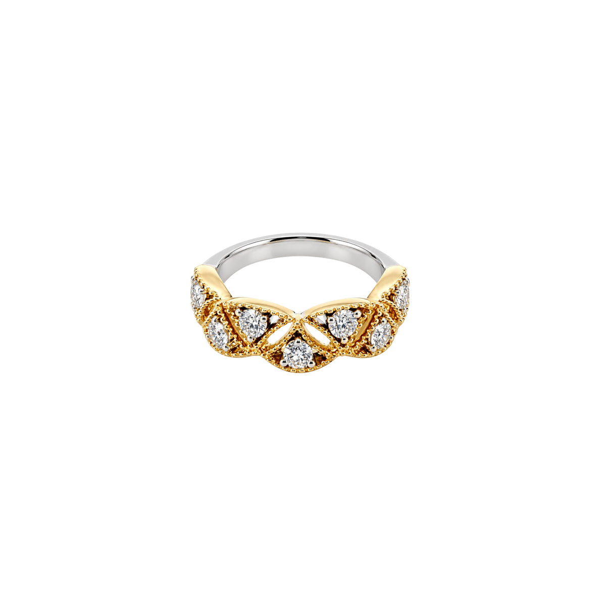 14K Yellow White Gold Ring with 9 Diamonds and Scalloped Detailing