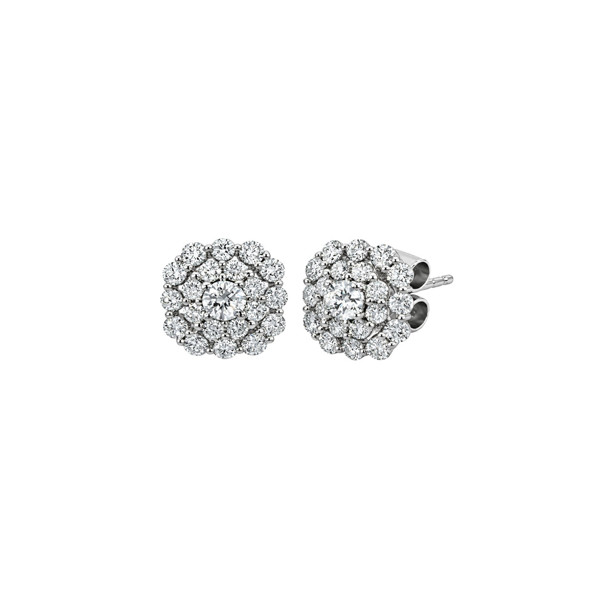 14K White Gold Cushion Shaped Ornamental Cluster Stud Earrings with 42 Diamonds
