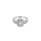 18K White Gold Art Deco Inspired Emerald Cut Diamond Ring with Diamond Halo and Baguette Cut Side Stones