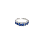 18K White Gold Ring with 7 Sapphires and Diamond Pave Scalloped Edging