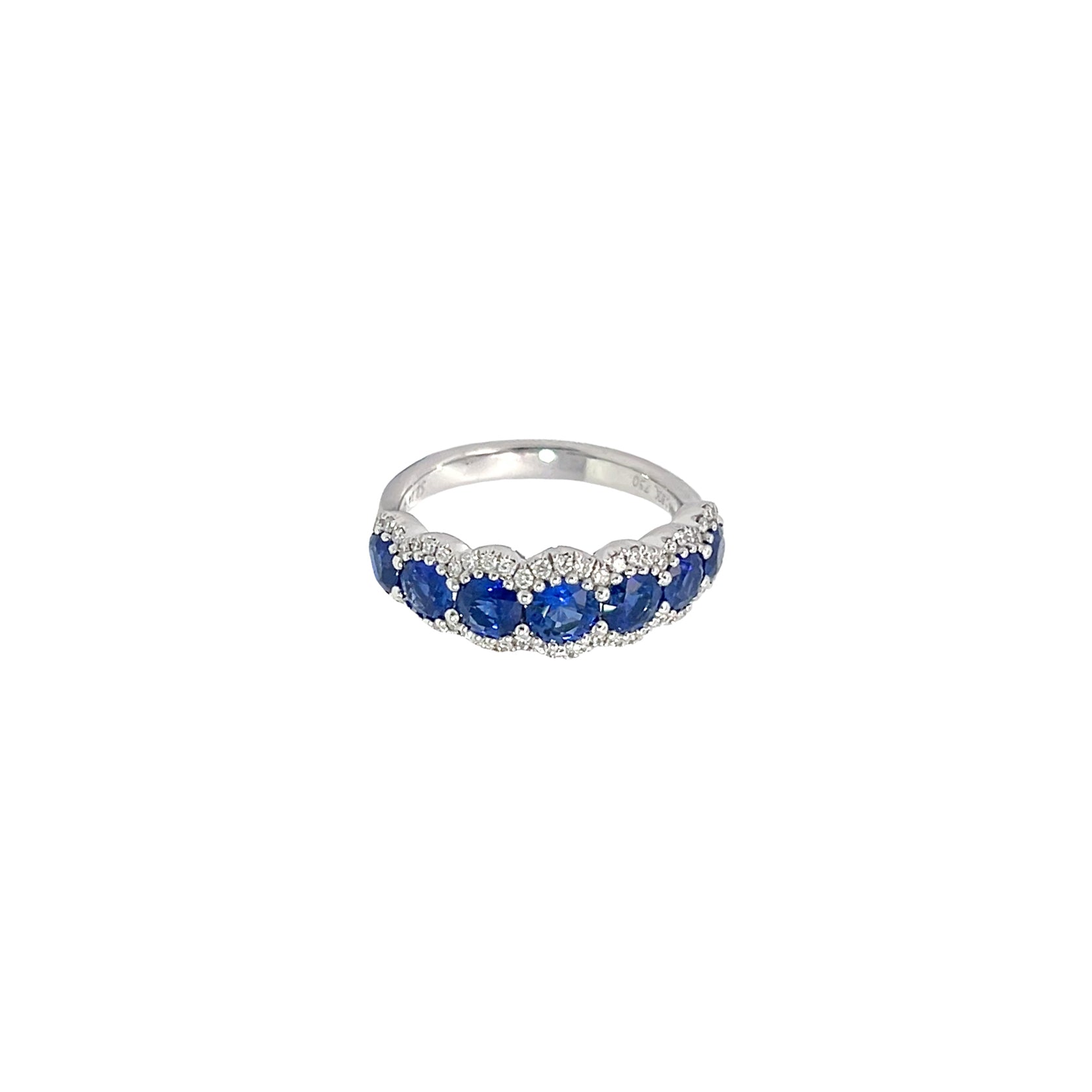 18K White Gold Ring with 7 Sapphires and Diamond Pave Scalloped Edging