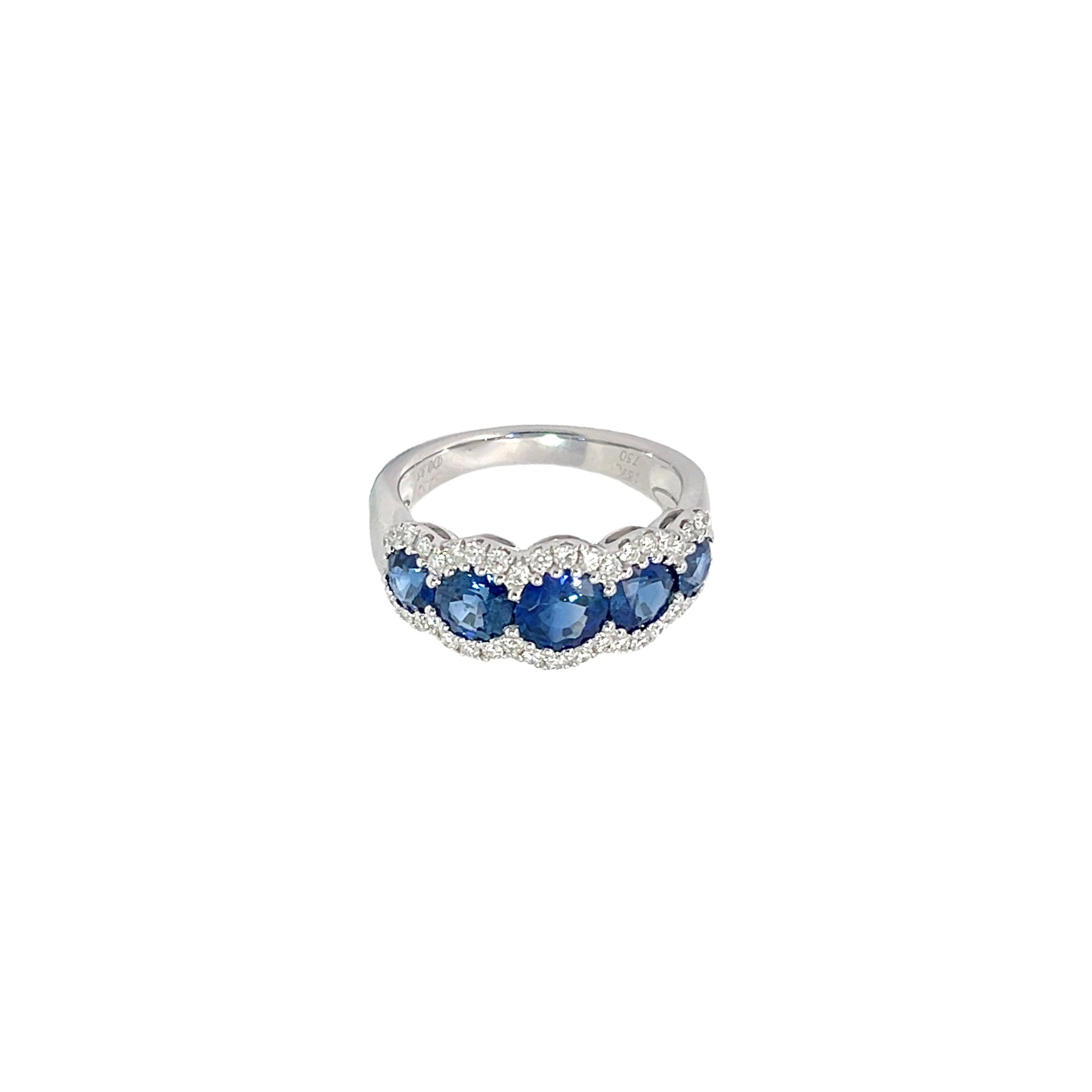 18K White Gold Sapphire and Diamond Ring with Scalloped Edging