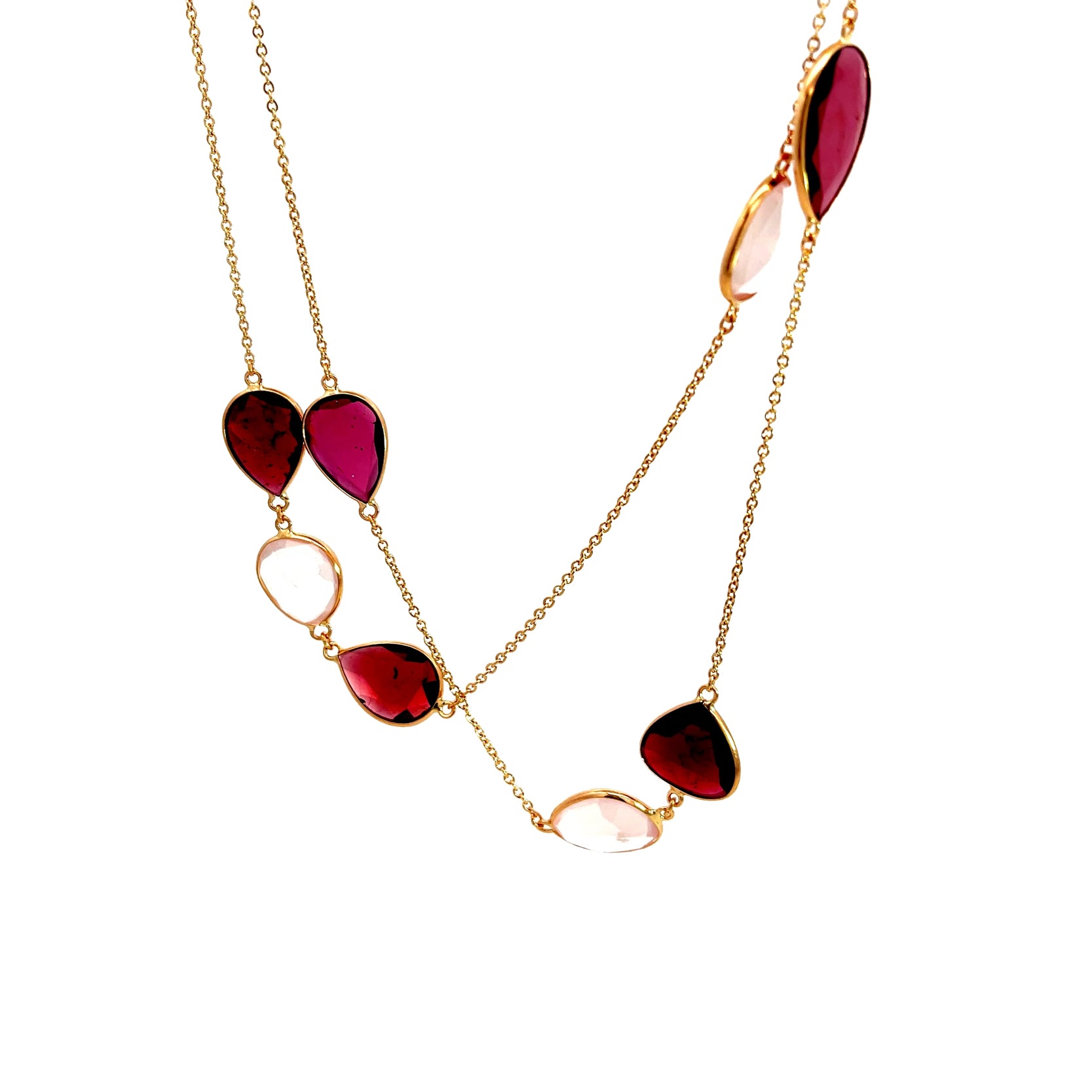 18K Rose Gold Garnet and Rose Quartz Station Necklace