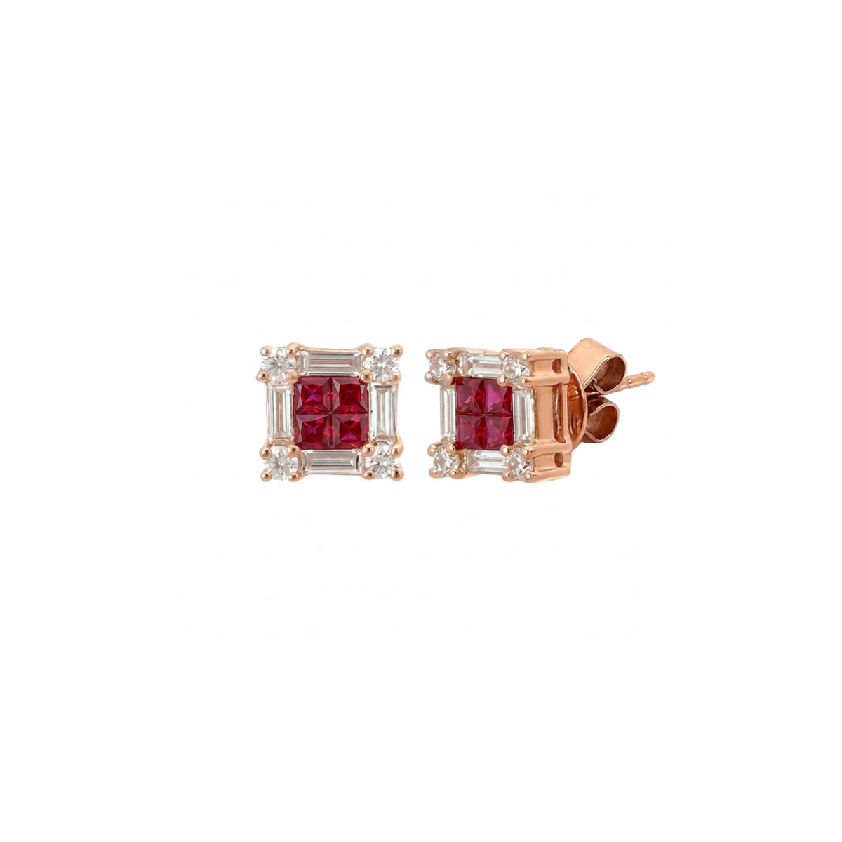 14K Rose Gold Ruby and Diamond Square Illusion Stud Earring