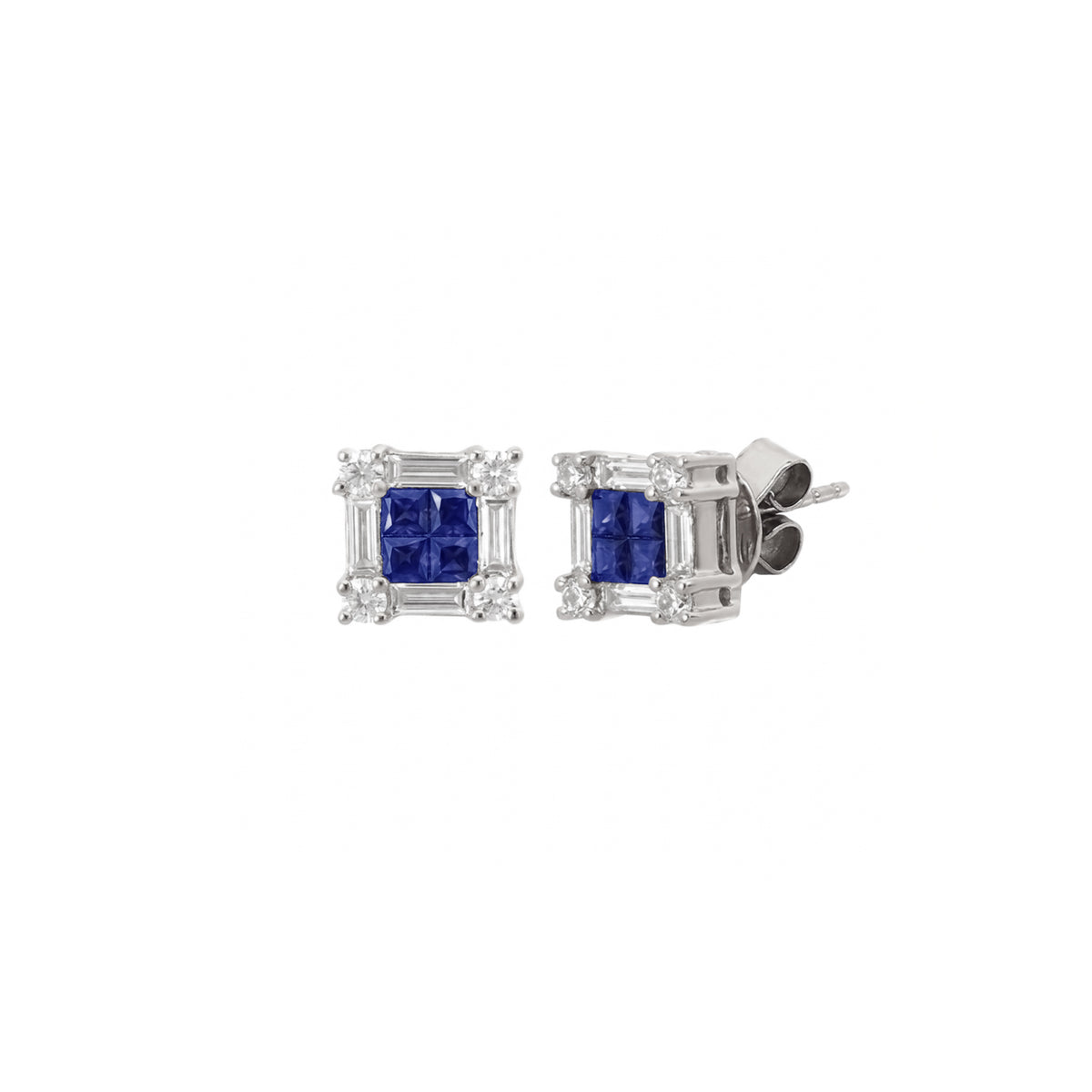 14K White Gold Sapphire and Diamond Square Illusion Stud Earrings