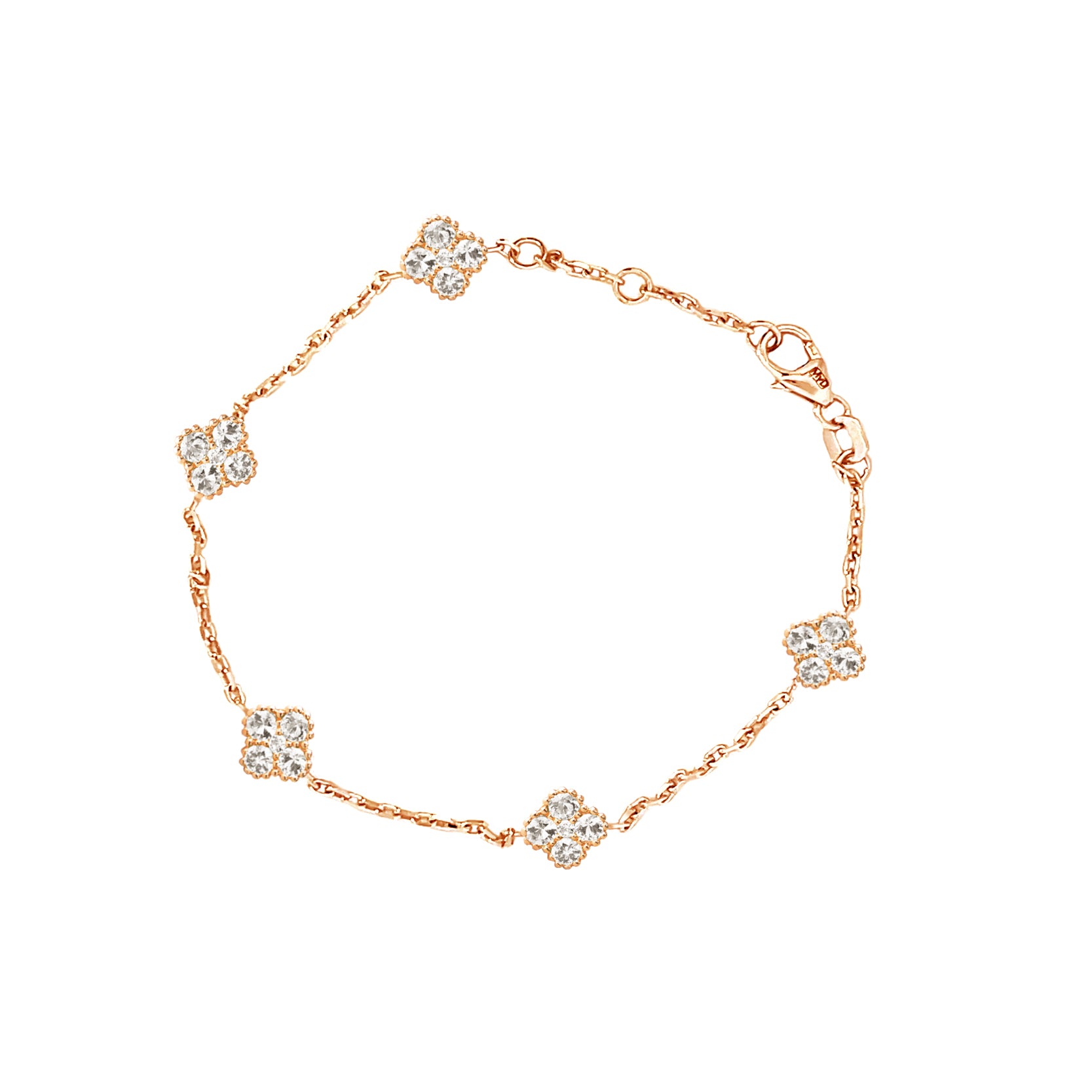 14K Rose Gold Chain Bracelet with Diamond Clovers Clusters