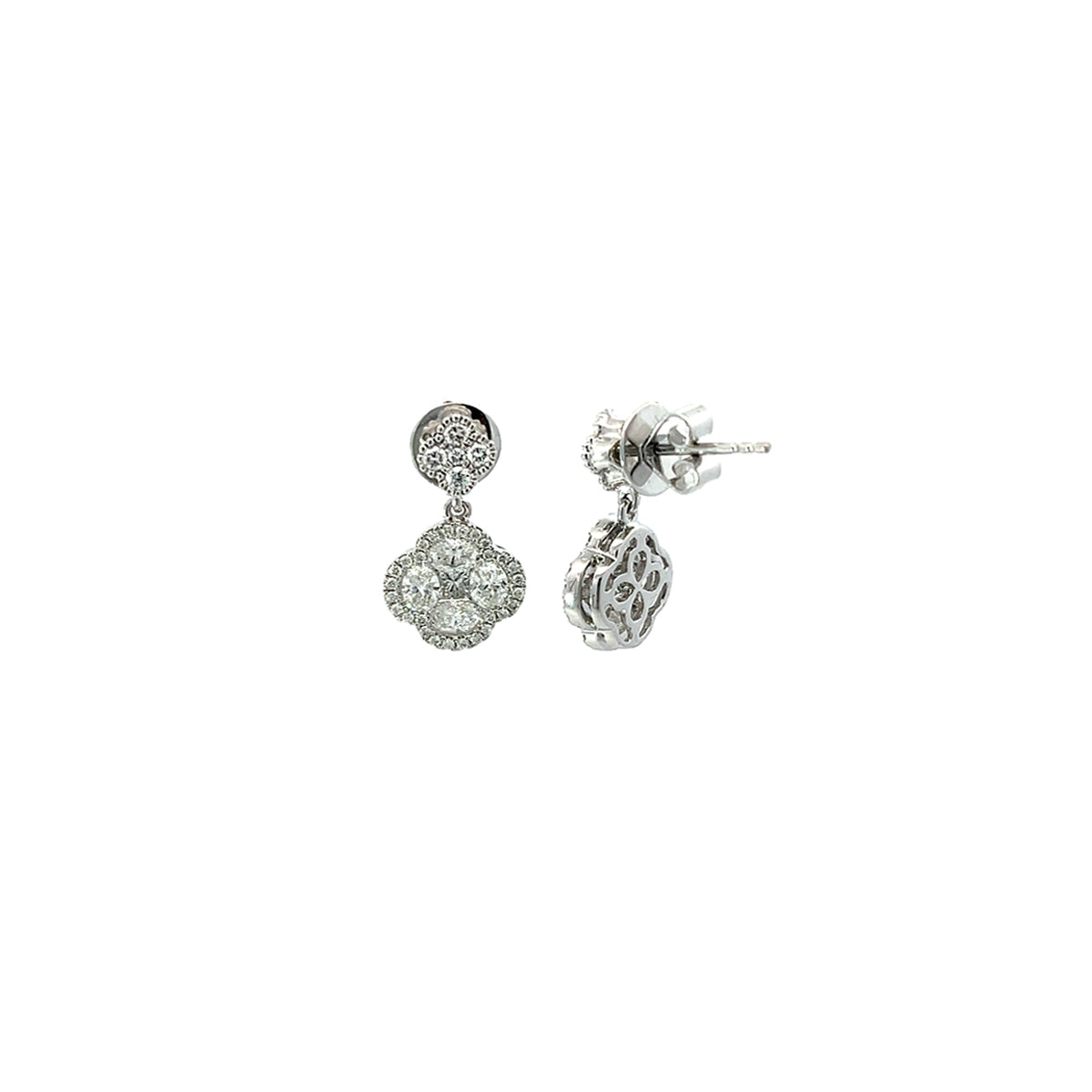 14K White Gold Diamond Clover Drop Earrings