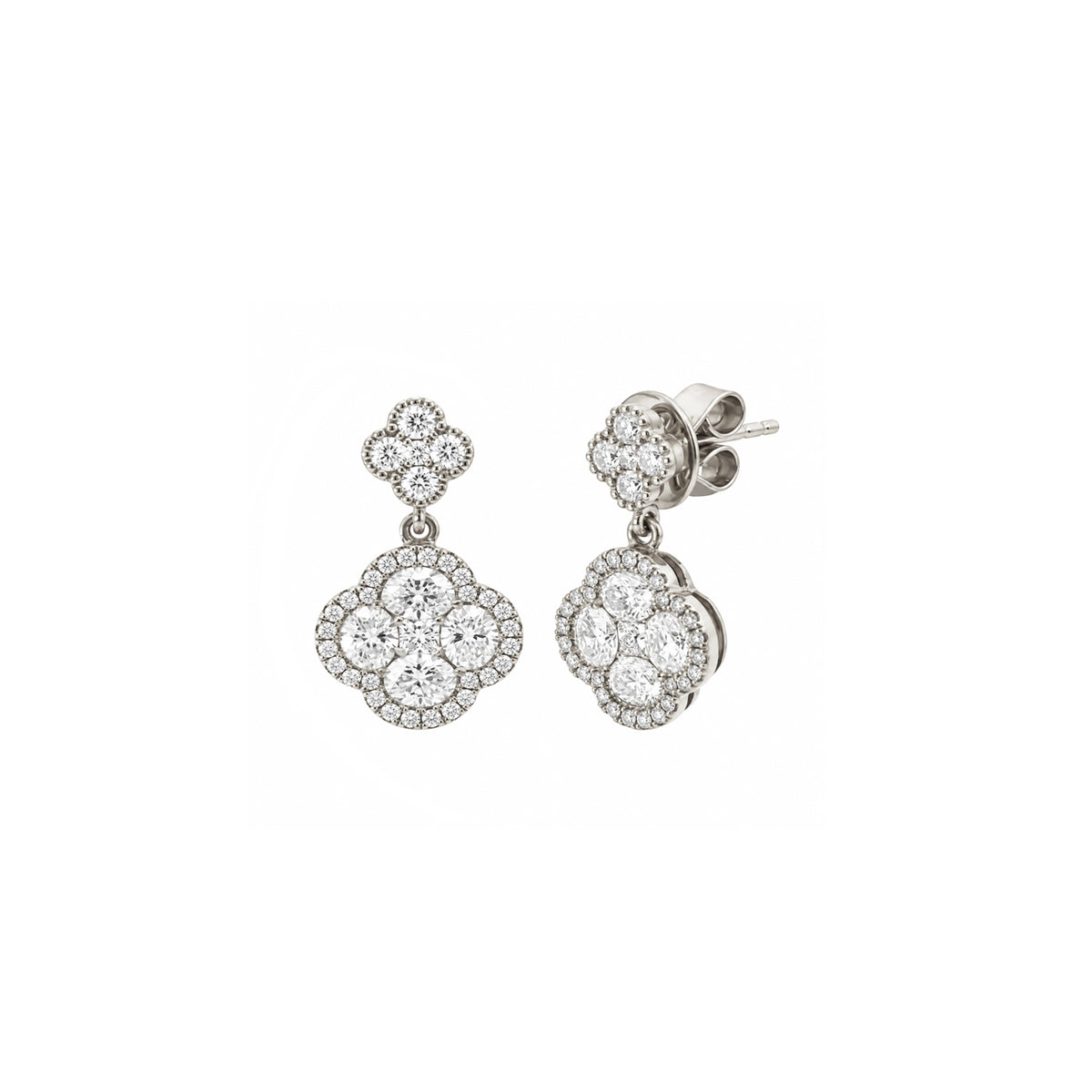 14K White Gold Diamond Clover Drop Earrings