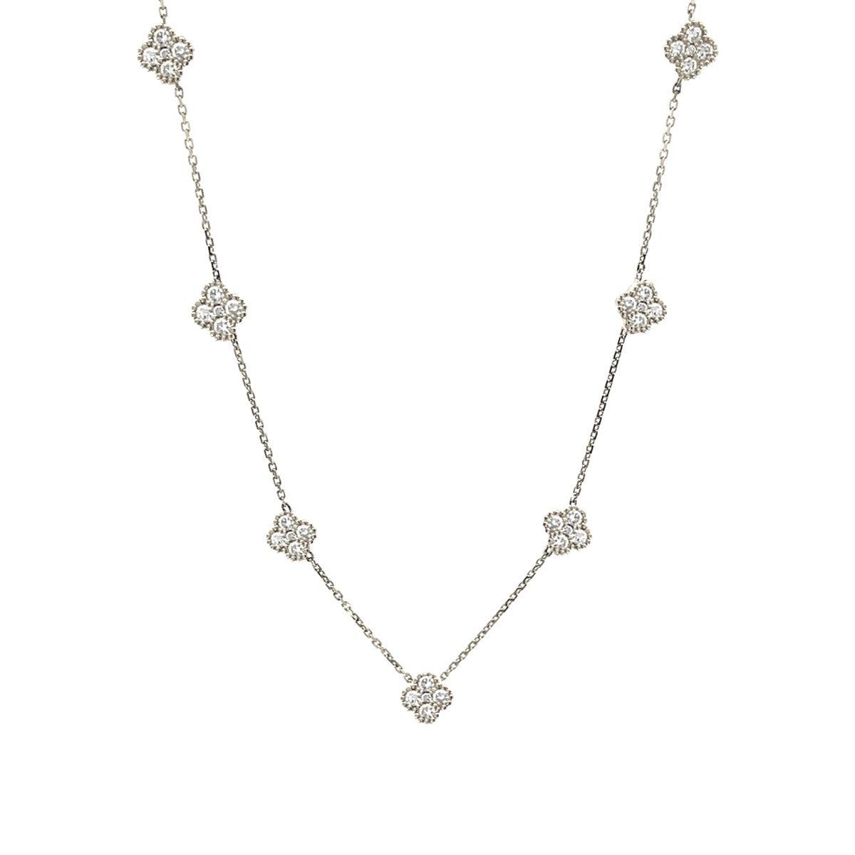 14K White Gold Chain Necklace with 7 Diamond Clover Clusters