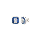 14K White Gold Emerald Illusion Diamond Stud Earrings with Geometric Sapphire Halo