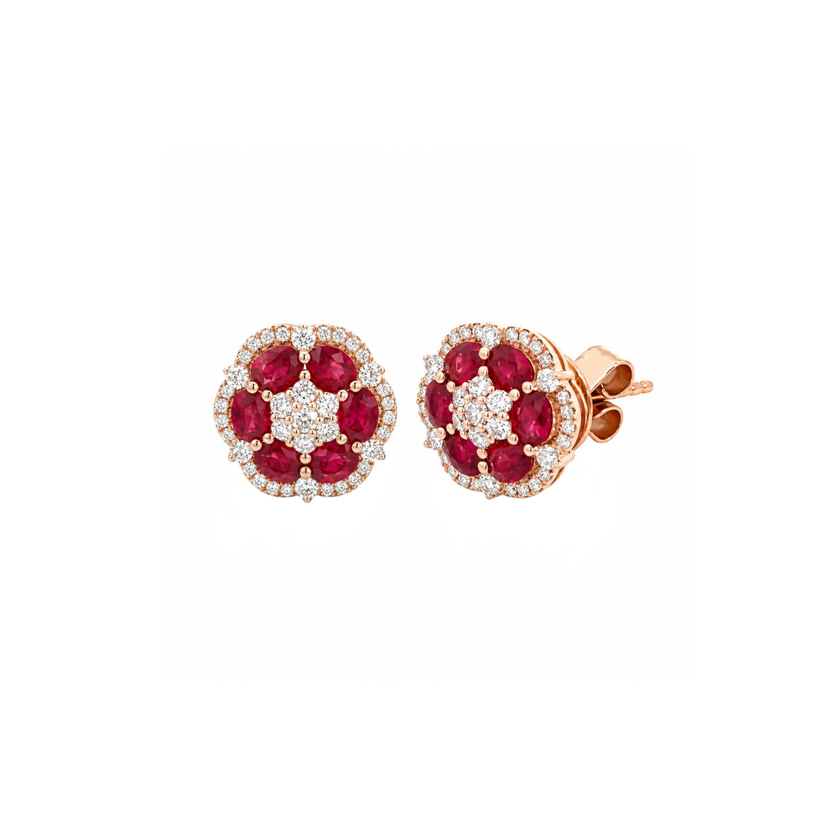 14K Rose Gold Floral Ruby and Diamond Stud Earrings