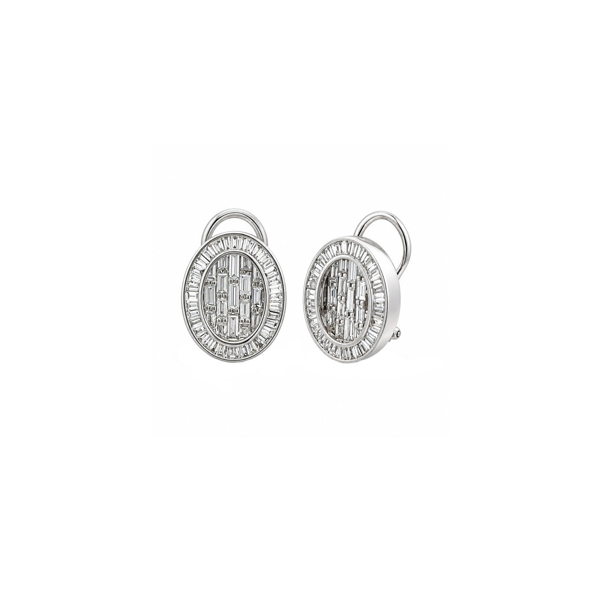 14K White Gold Oval Baguette Lattice Illusion Diamond Earrings with Tapered Baguette Halo