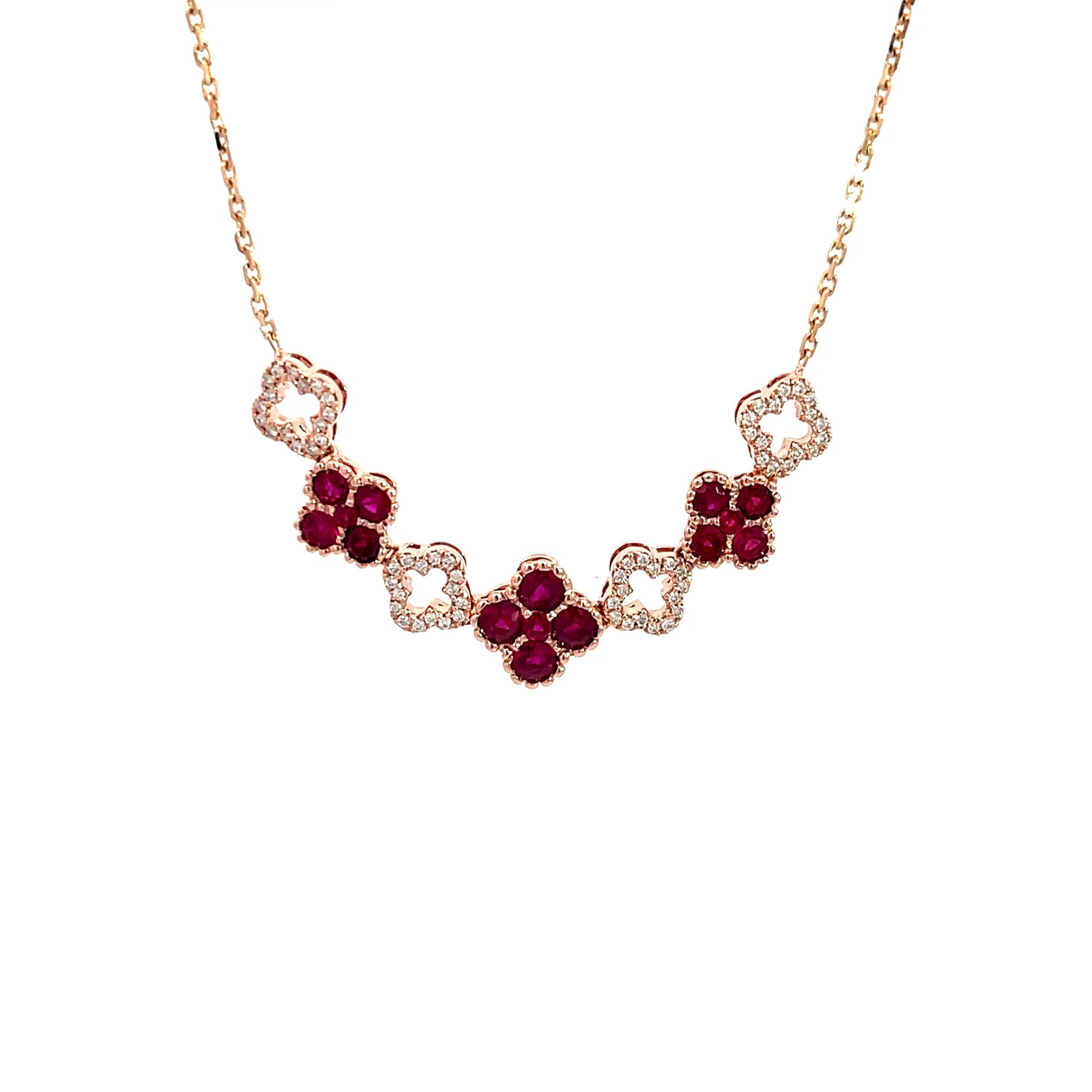 14K Rose Gold Ruby and Diamond Clover Station Necklace