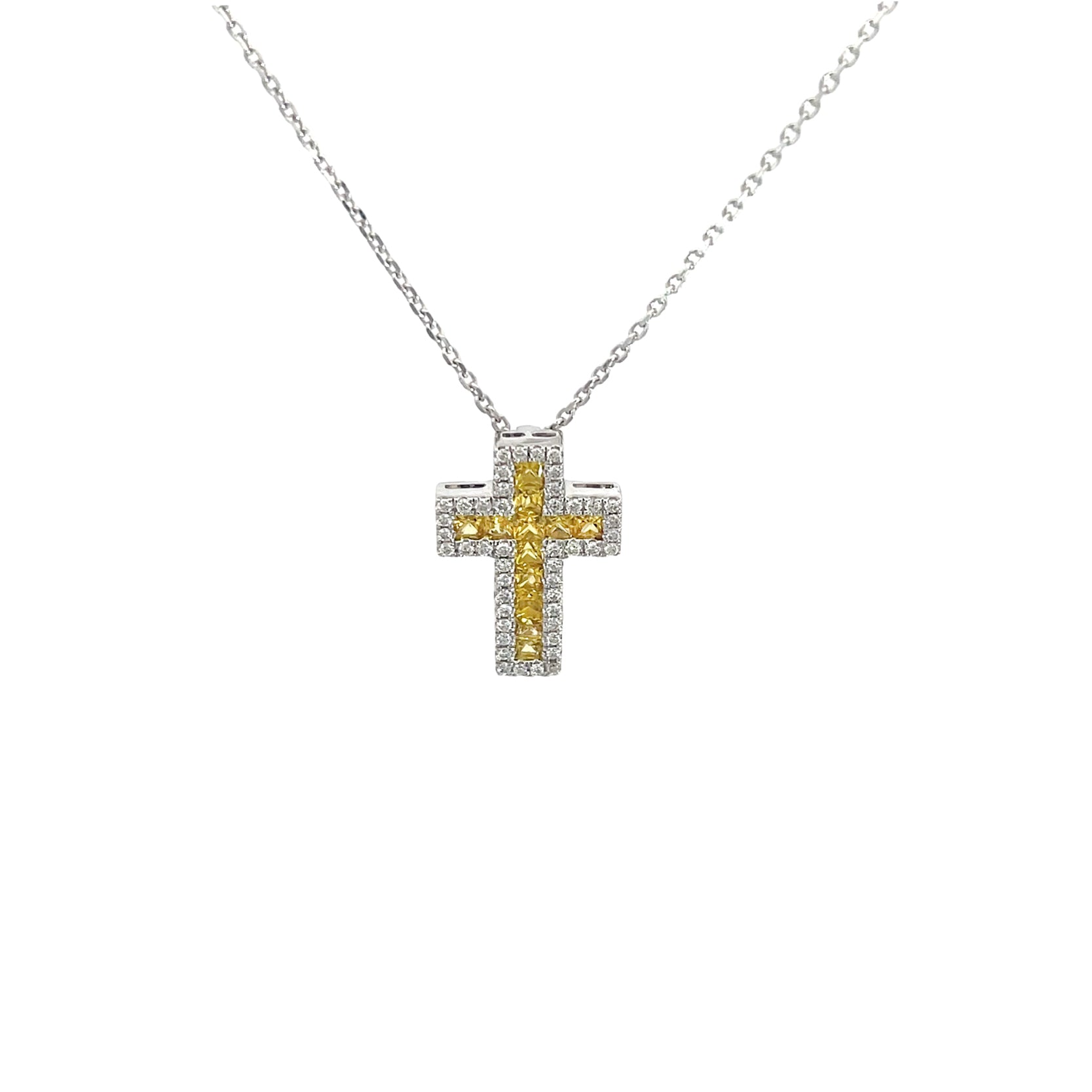 14K White Gold Yellow Sapphire and Diamond Cross Pendant Necklace