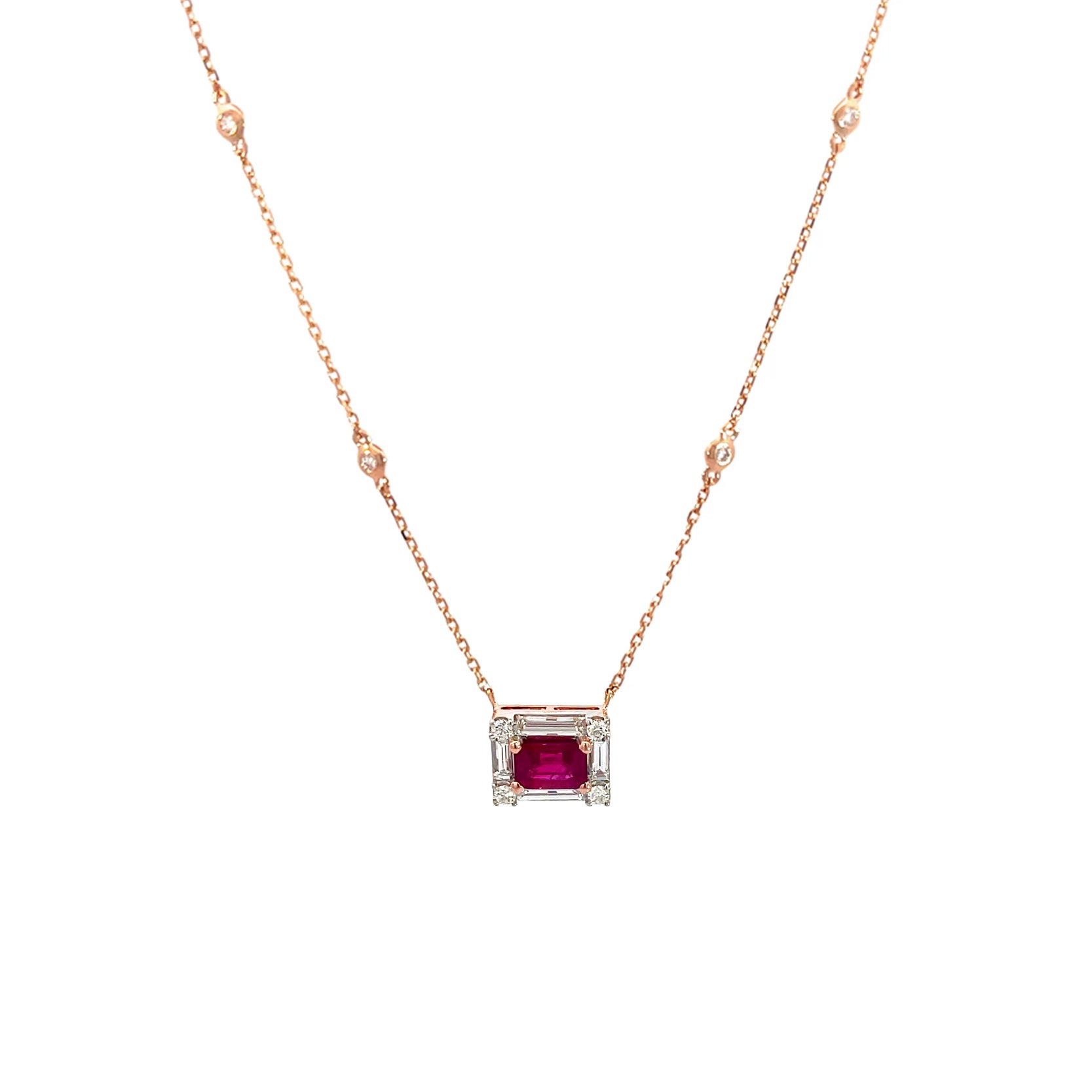 14K White Rose Gold Diamond and Ruby Rectangle Pendant Necklace