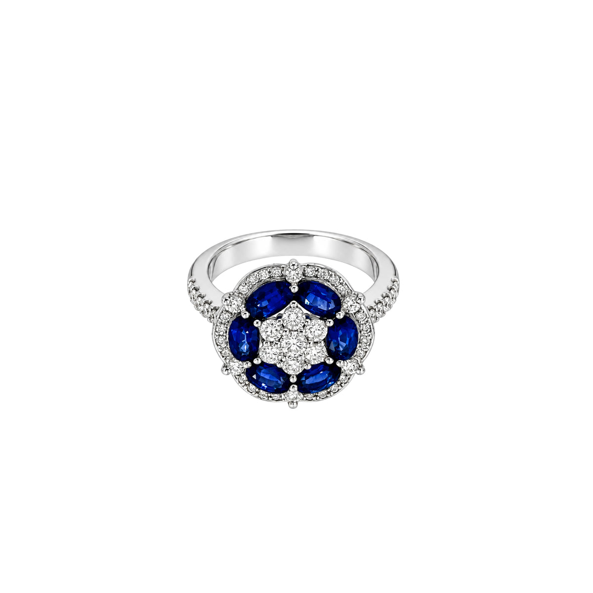 14K White Gold Sapphire and Diamond Floral Ring with Pave Side Stones