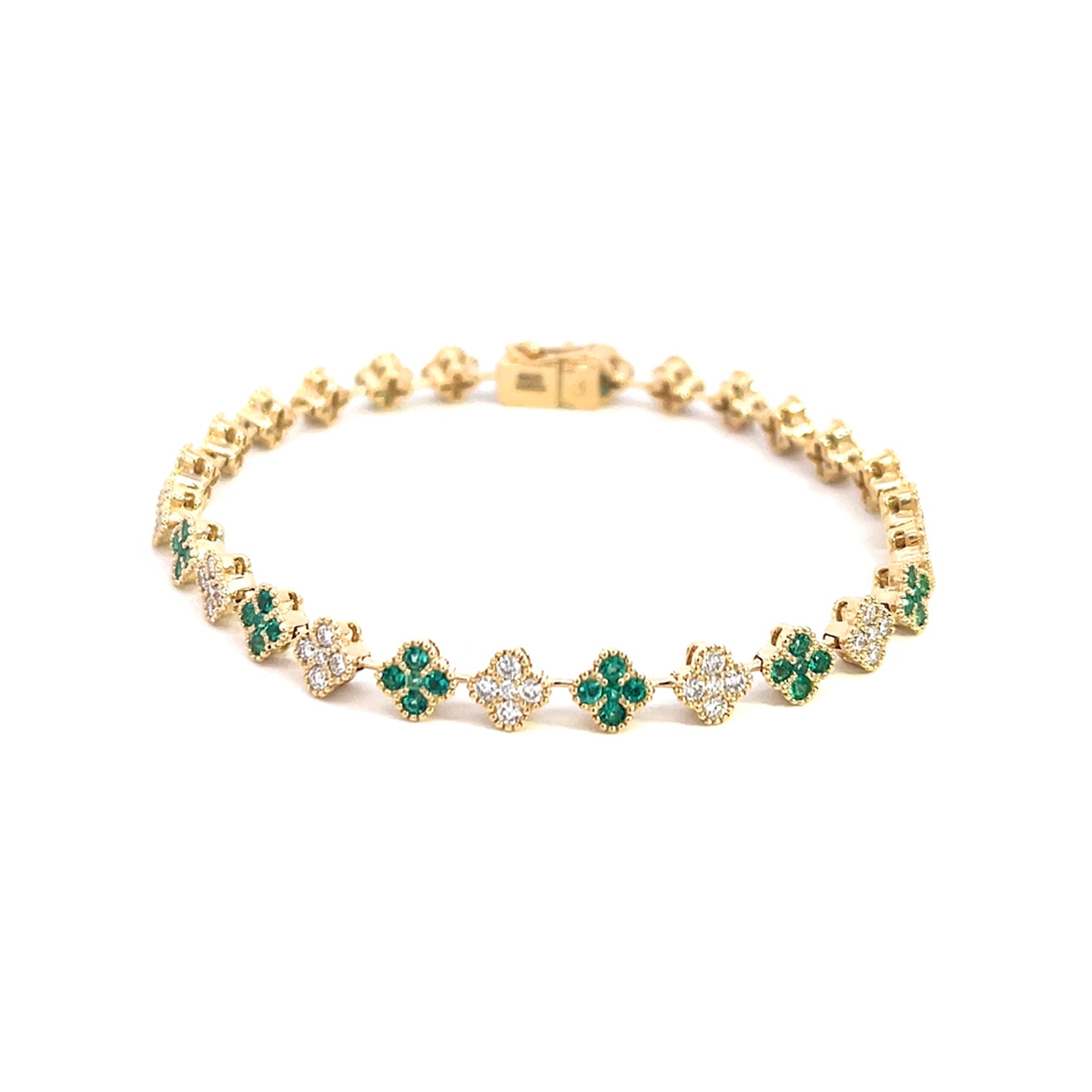 14K Yellow Gold Diamond and Emerald Clover Cluster Tennis Bracelet